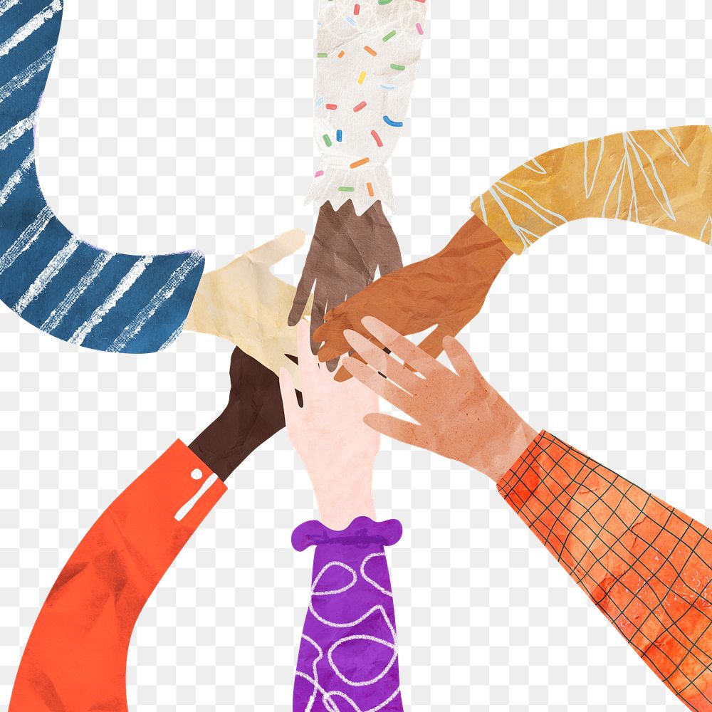 PNG Abstract diverse hands united, paper craft collage, transparent background