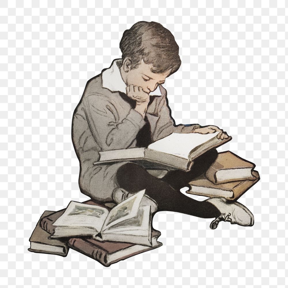 PNG Boy reading books, vintage illustration, transparent background