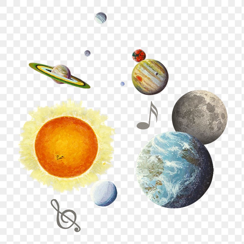PNG Solar system with musical notes, transparent background