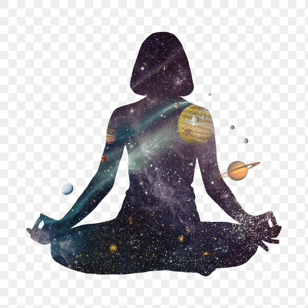 PNG Meditating woman, galaxy silhouette remix, transparent background