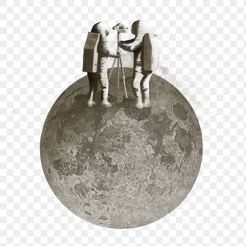 PNG Astronauts taking photo, moon galaxy remix, transparent background