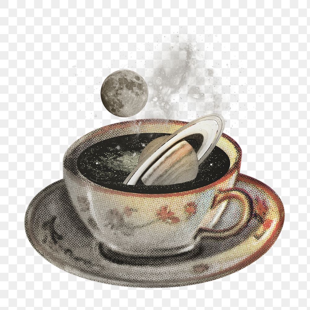 PNG Saturn in coffee cup, surreal escapism remix, transparent background