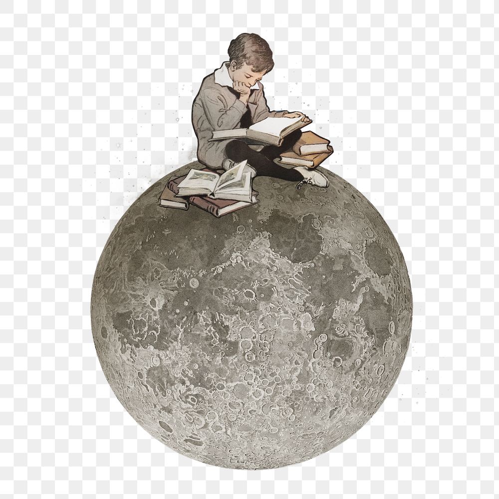 PNG Boy reading on moon, surreal education remix, transparent background