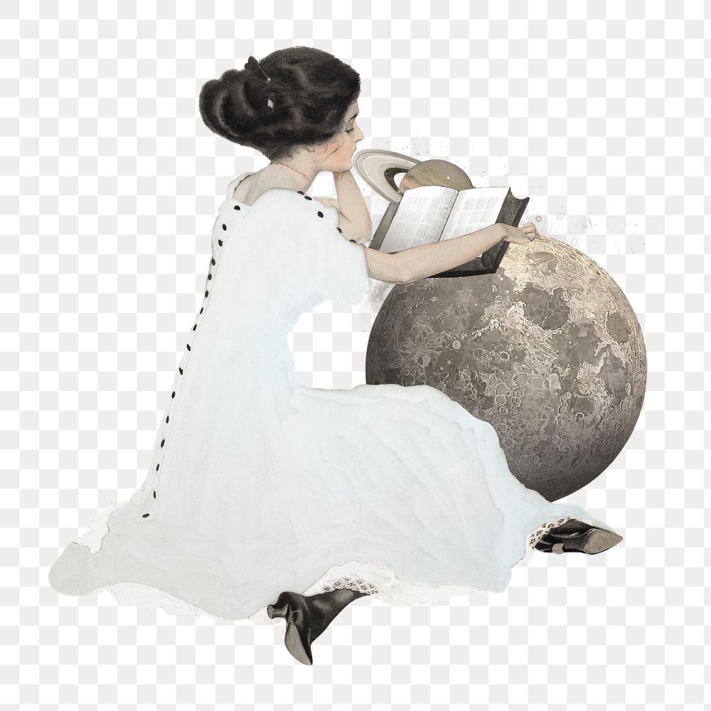 PNG Girl reading on moon, surreal education remix, transparent background
