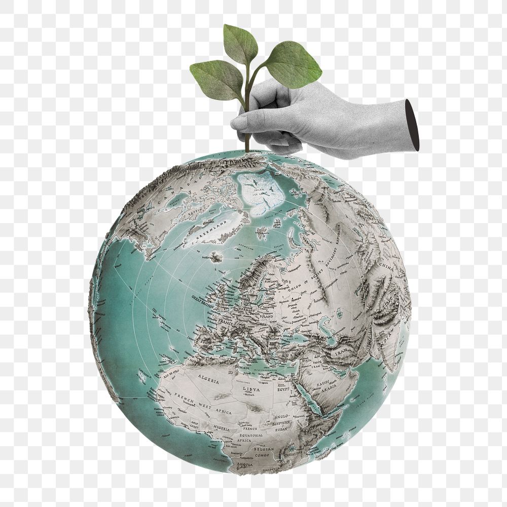 PNG Planting on globe, environment remix, transparent background