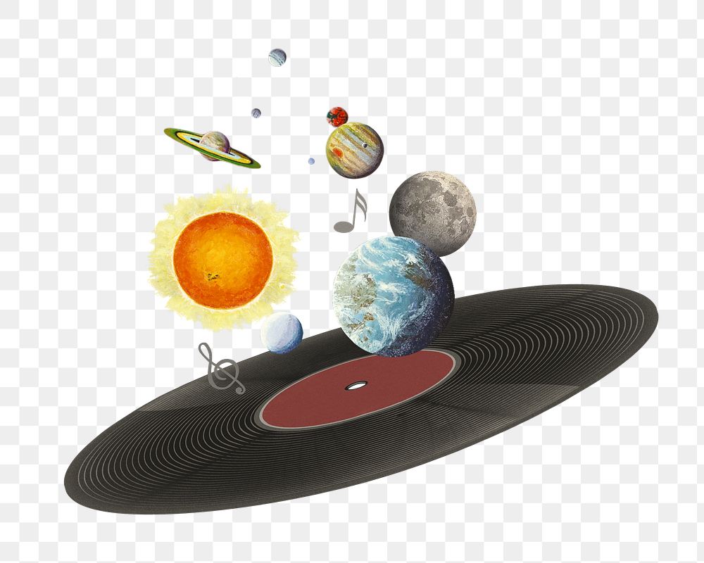 PNG Floating planets on vinyl record, space remix, transparent background