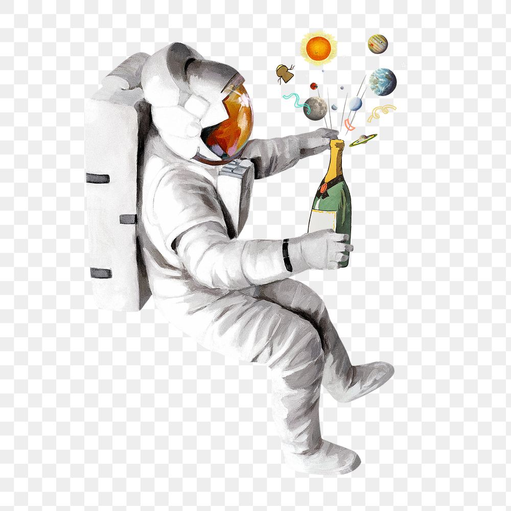 PNG Astronaut holding champagne bottle, transparent background