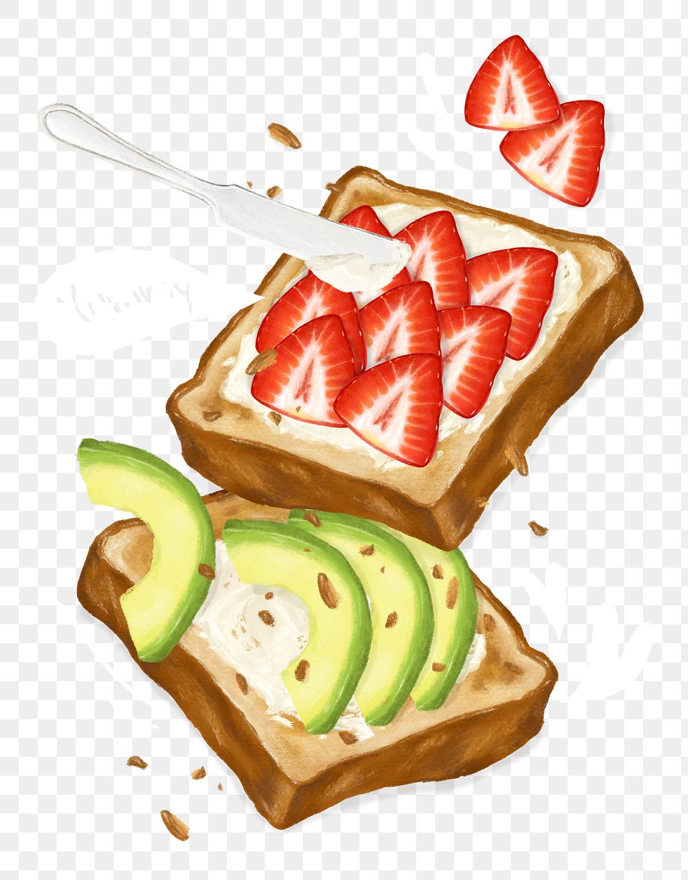 PNG Avocado & strawberry toast, breakfast food illustration, transparent background