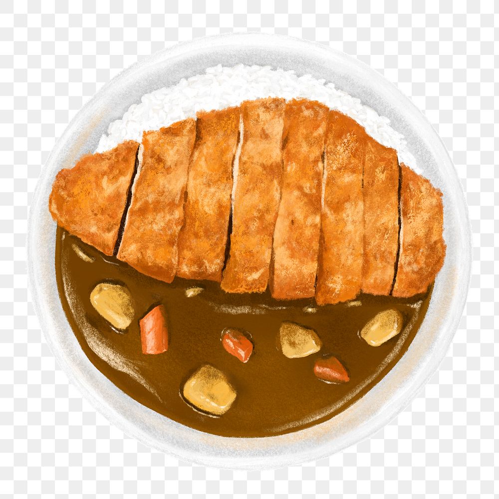 PNG Japanese curry with pork cutlets, food illustration, transparent background