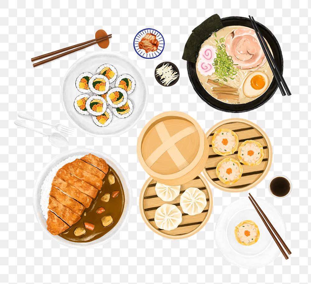 PNG Delicious Asian food, Kimbap, ramen & dim sum illustration, transparent background