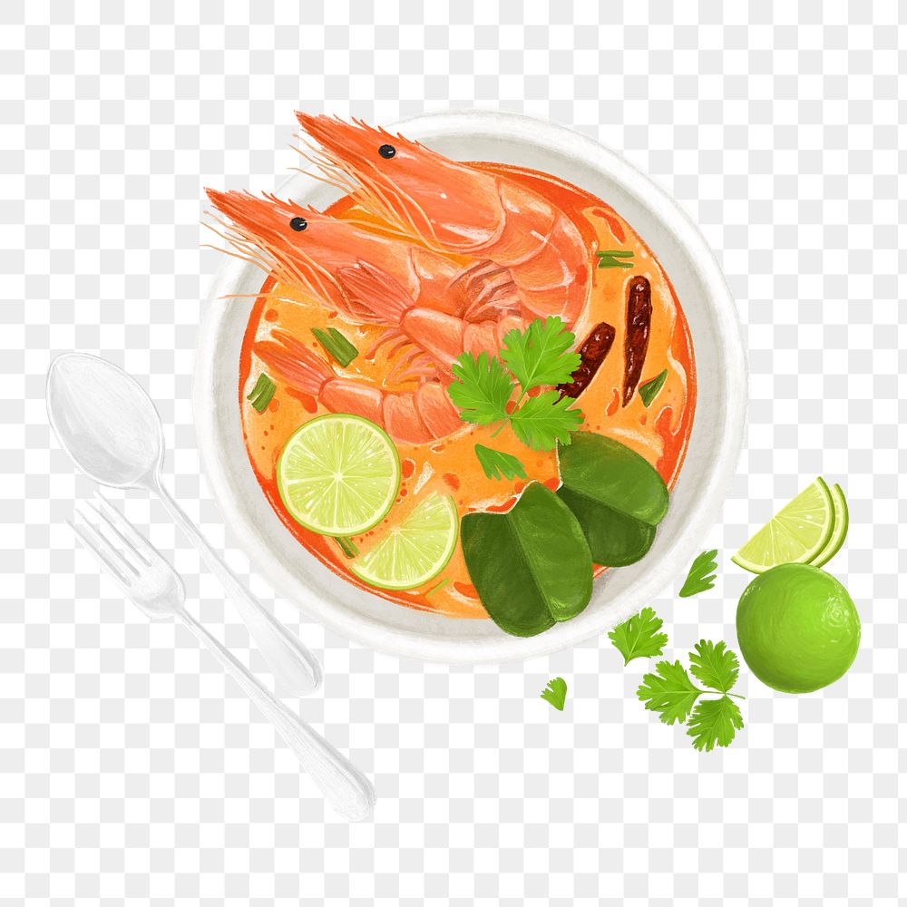 PNG Tom Yum shrimp soup, Thai food illustration, transparent background