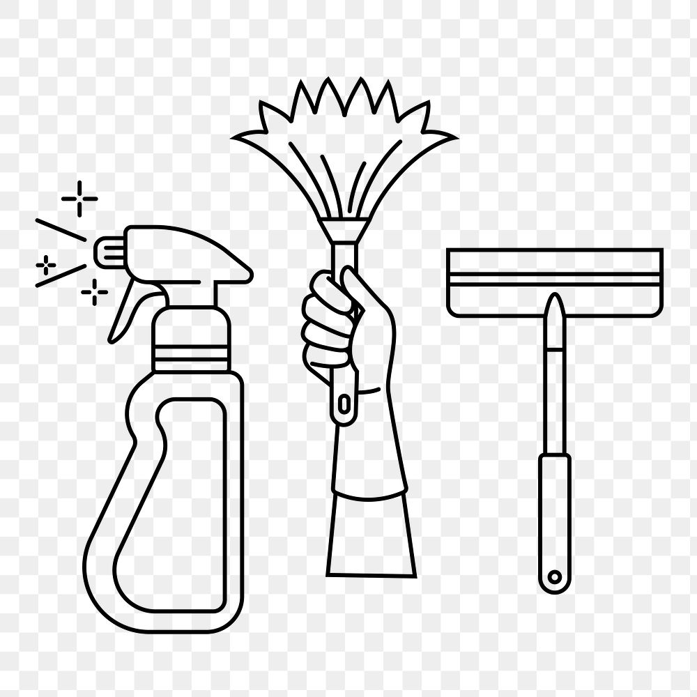 Cleaning tools png line art, transparent background