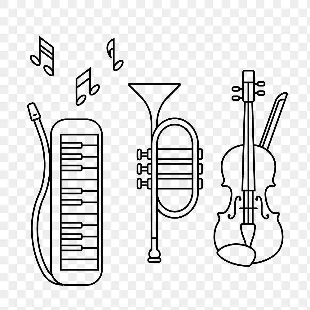 Music instruments png line art, transparent background