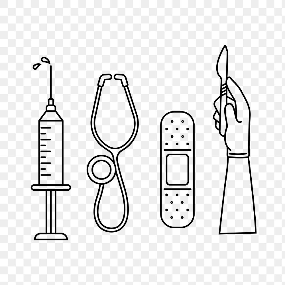 Medical set png line art, transparent background