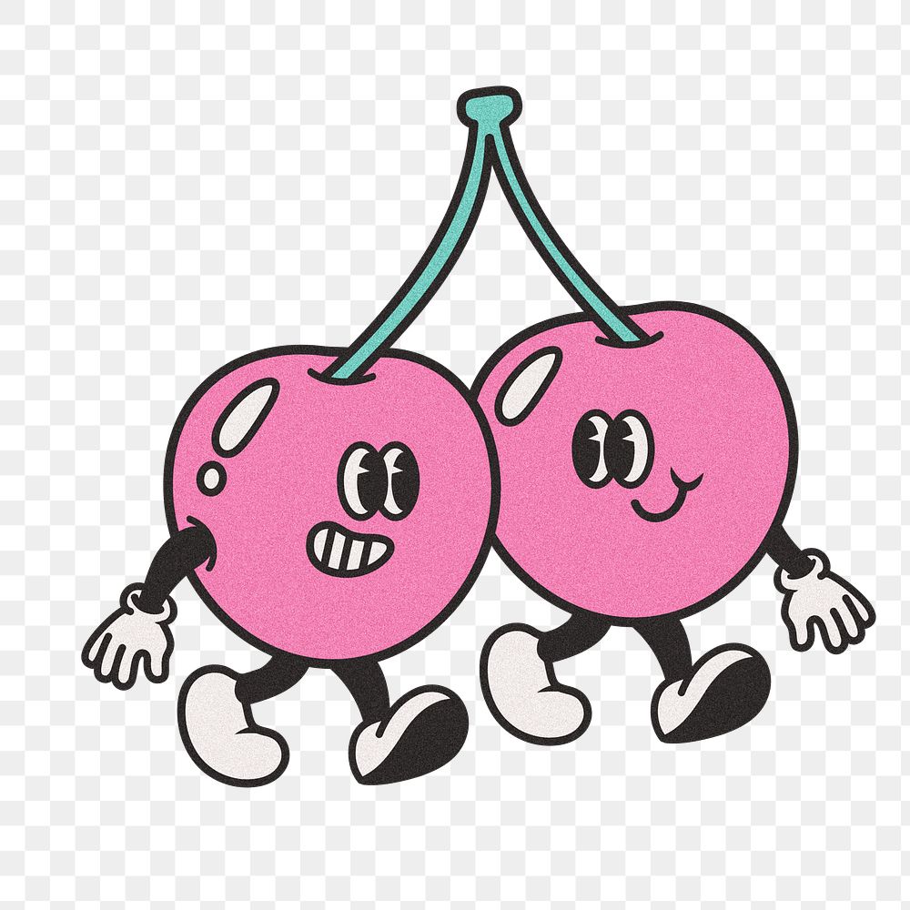 Retro walking cherries png, cartoon illustration, transparent background