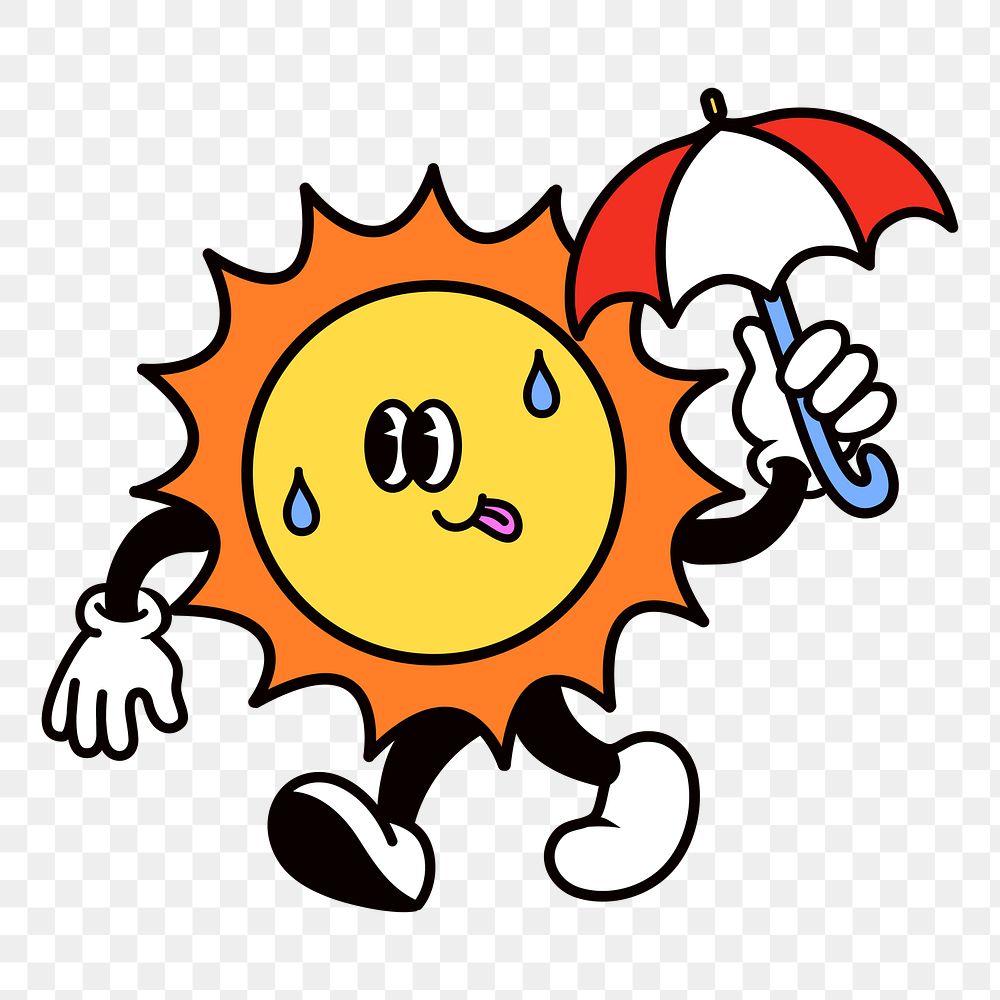 Sun holding umbrella png, weather cartoon character illustration, transparent background