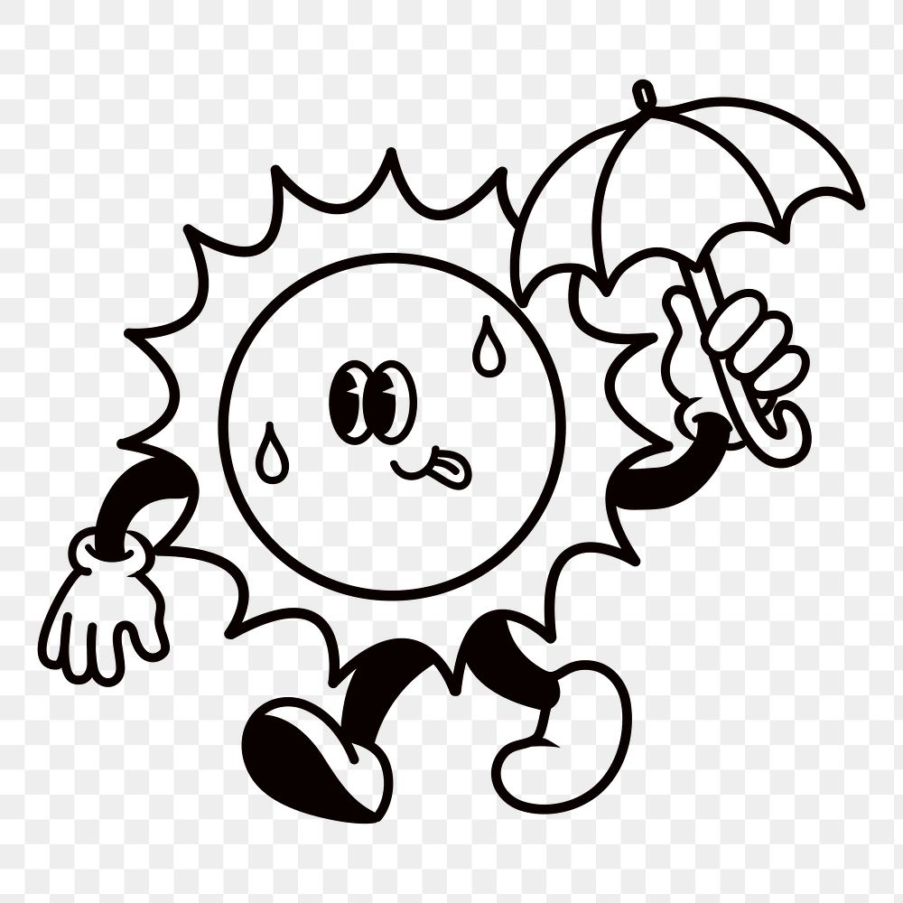 Sun holding umbrella png, weather cartoon character illustration, transparent background