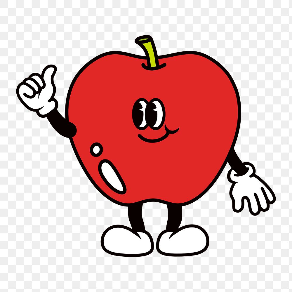 Retro thumbs up apple png, cartoon illustration, transparent background