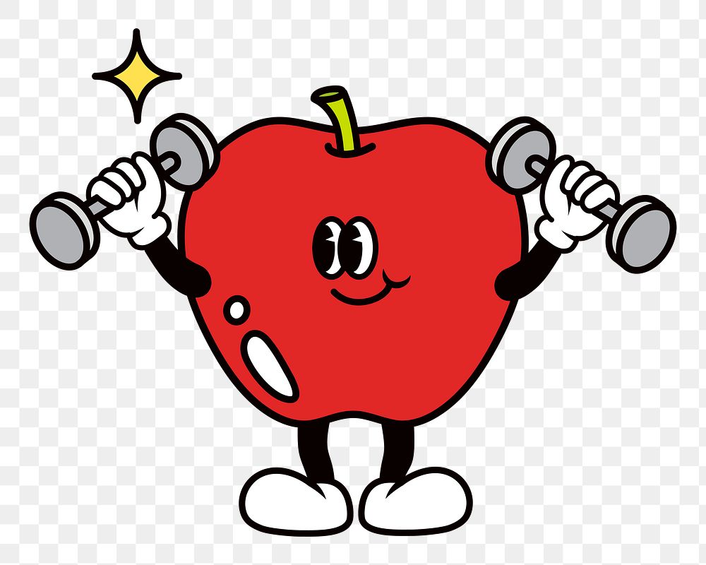 Retro healthy apple png, cartoon illustration, transparent background