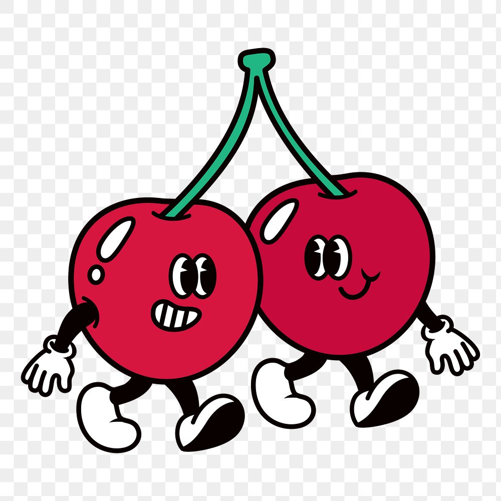 Retro walking cherries png, cartoon illustration, transparent background