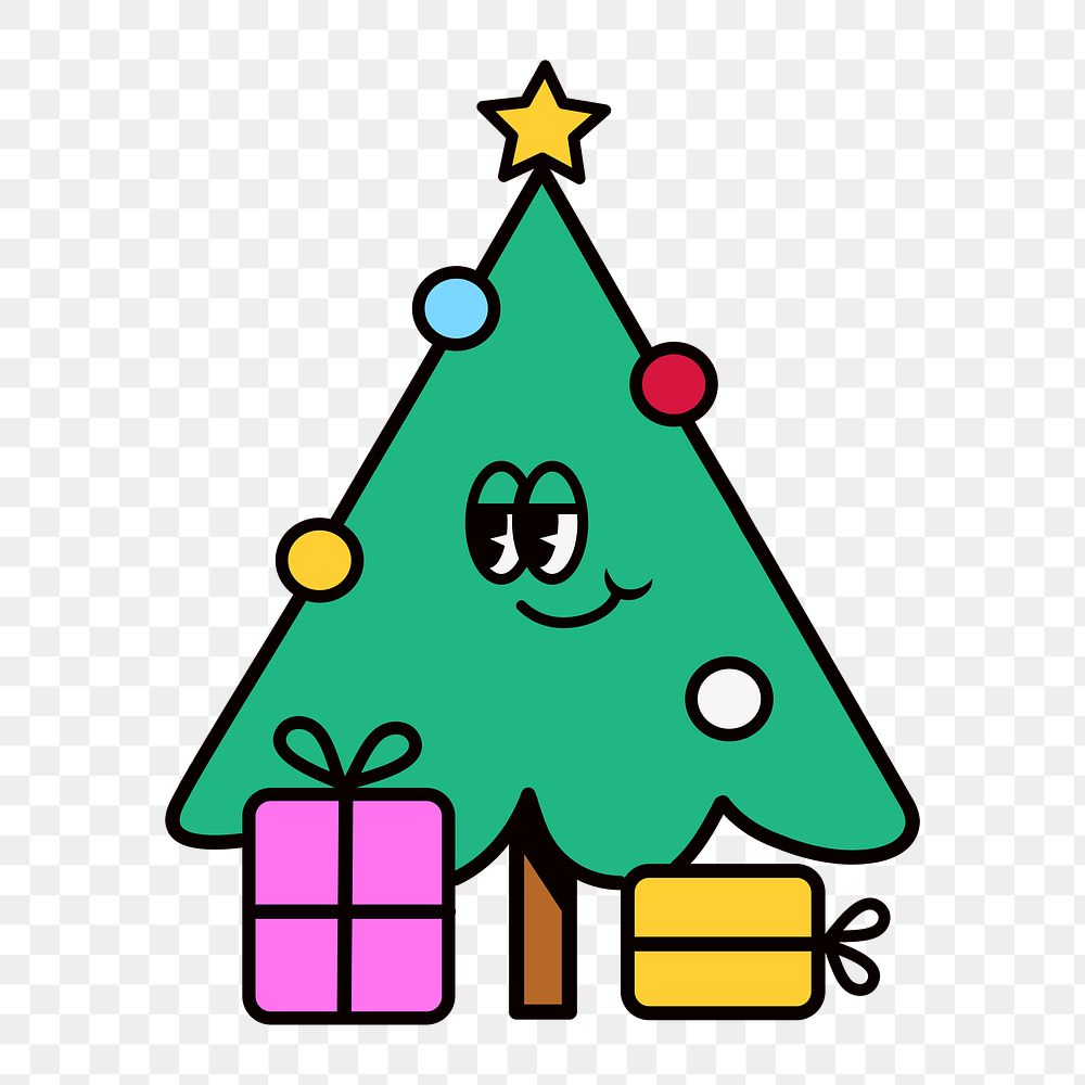 Christmas tree cartoon png, line art illustration, transparent background