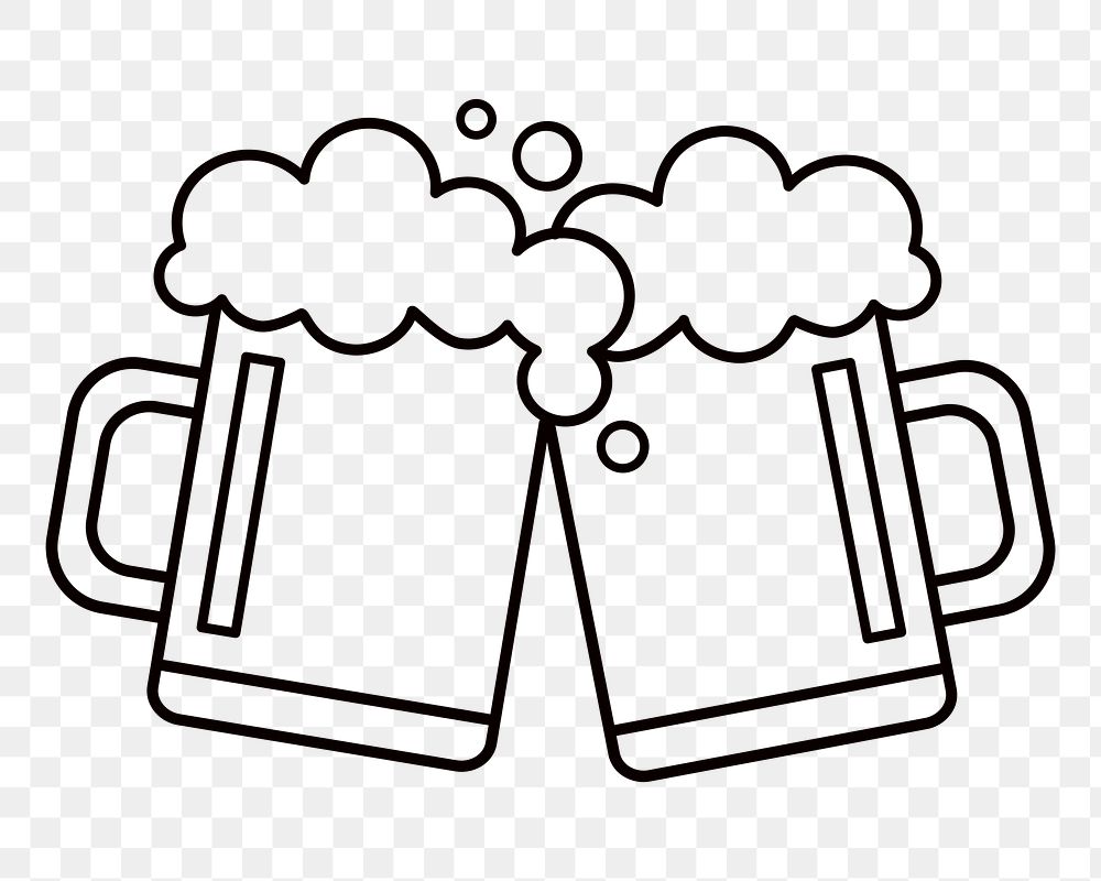 Cheering beer mugs png, beverage line art illustration, transparent background