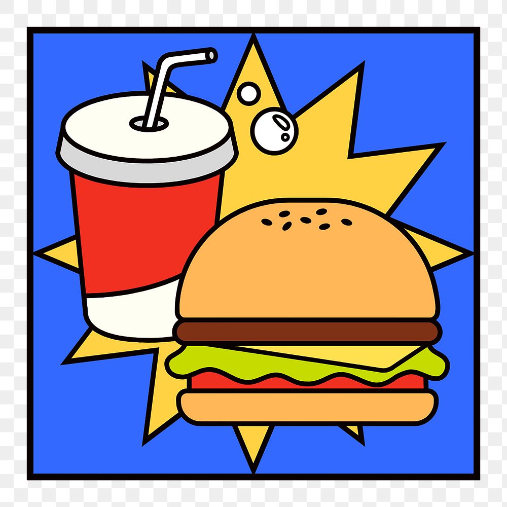 Cute junk food png, burger and soda illustration, transparent background