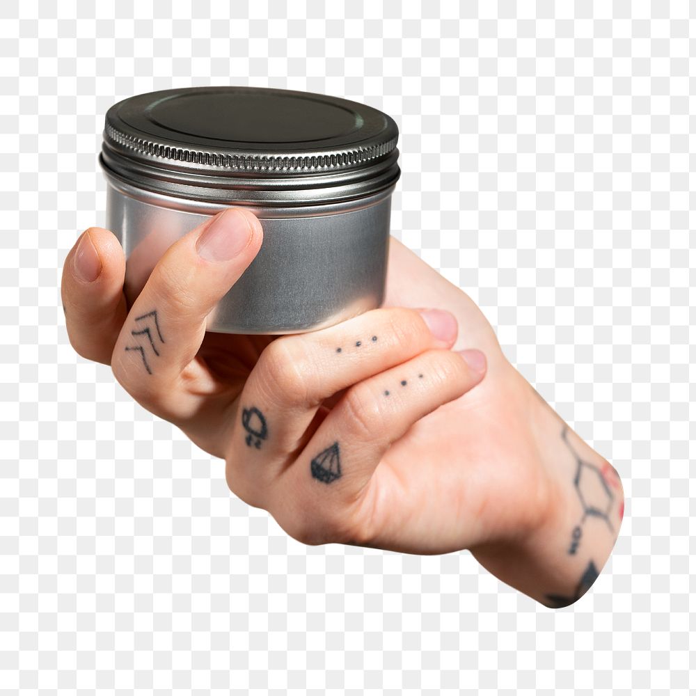 Png tattooed hand, jar holding image on transparent background