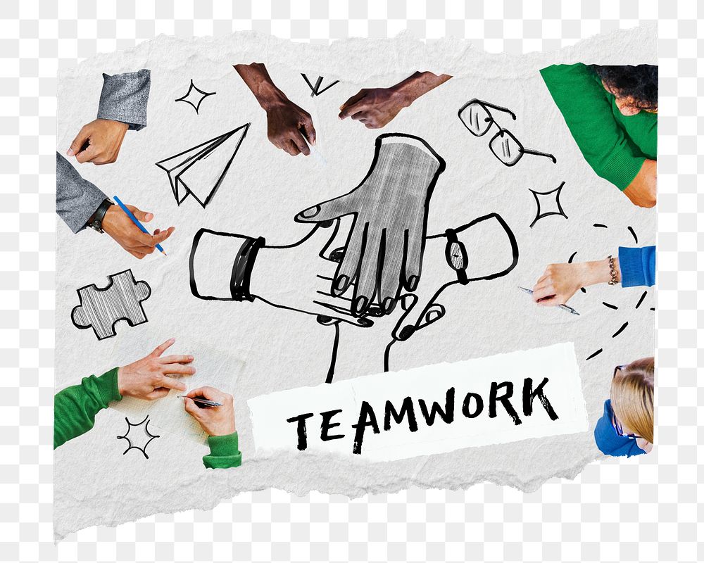 PNG teamwork word, corporate success doodle remix on paper texture, transparent background