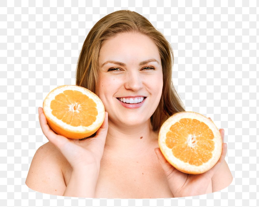 Png blond woman holding two oranges, transparent background