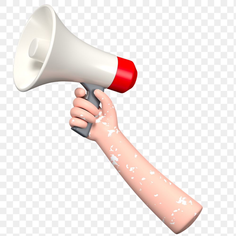 PNG 3D vitiligo hand holding megaphone, element illustration, transparent background