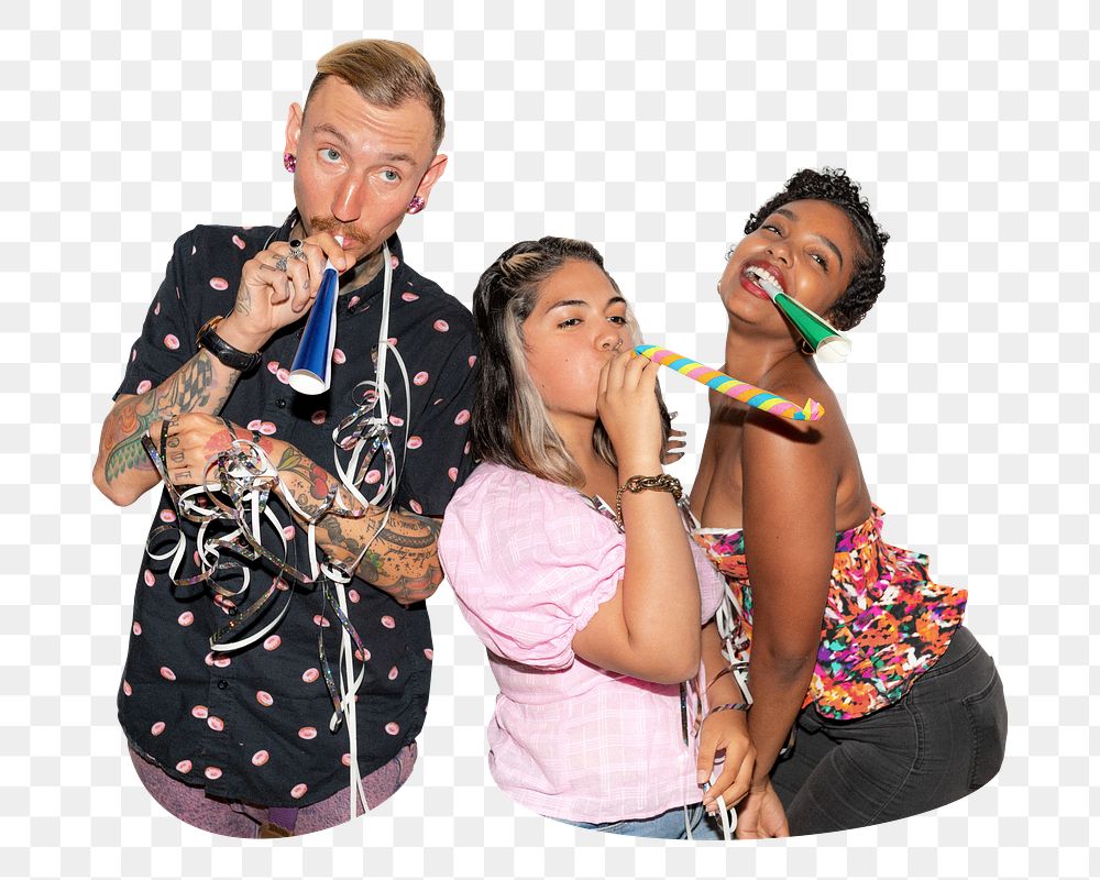 Png three people partying, transparent background