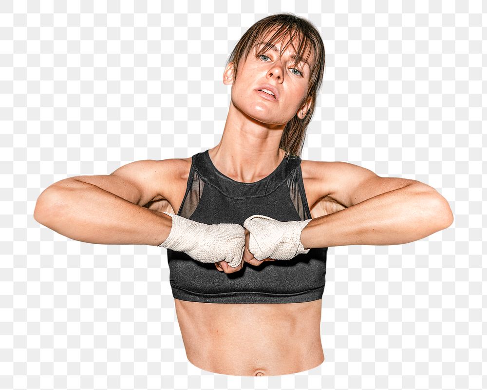 Png muscular female boxer, transparent background