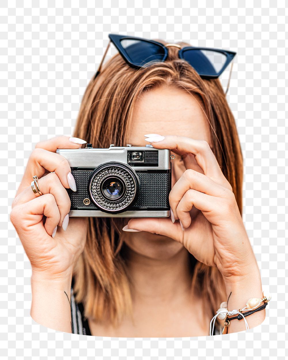 Png woman using camera, transparent background