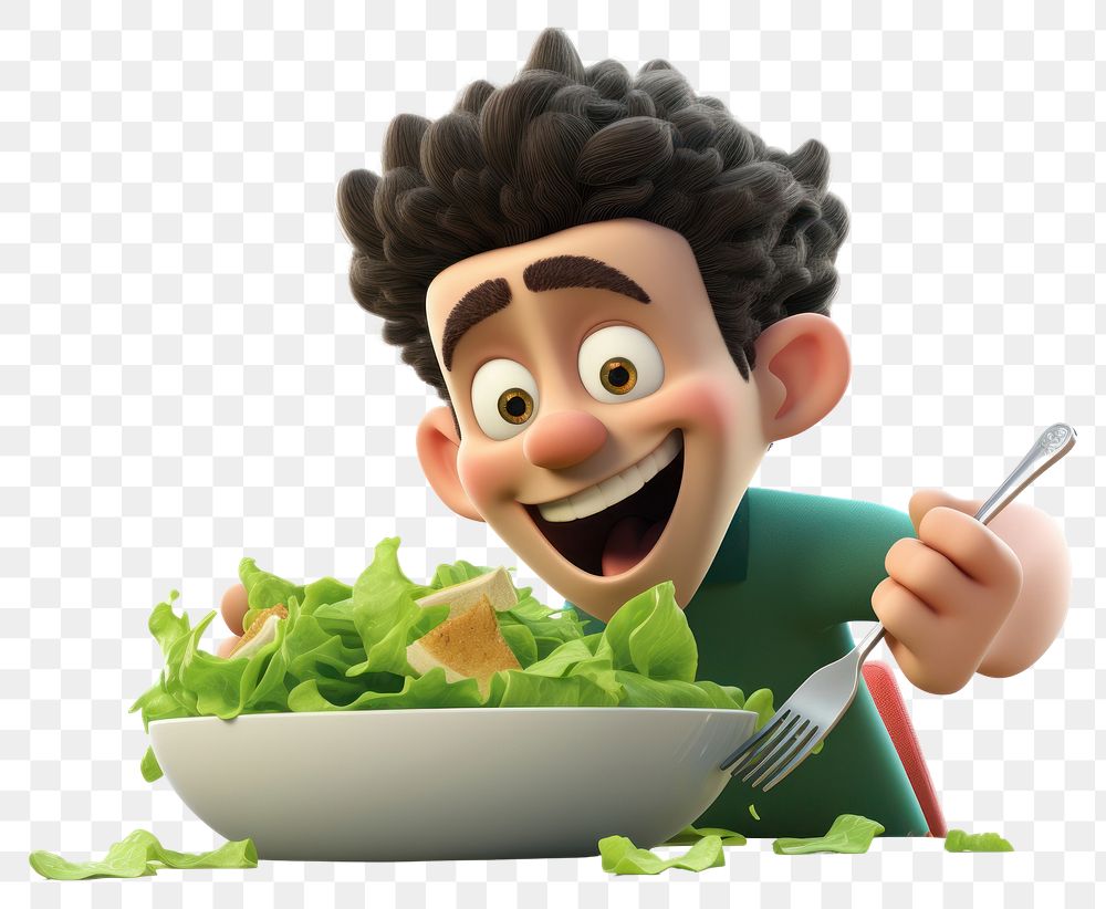 PNG Cartoon eating salad food. 