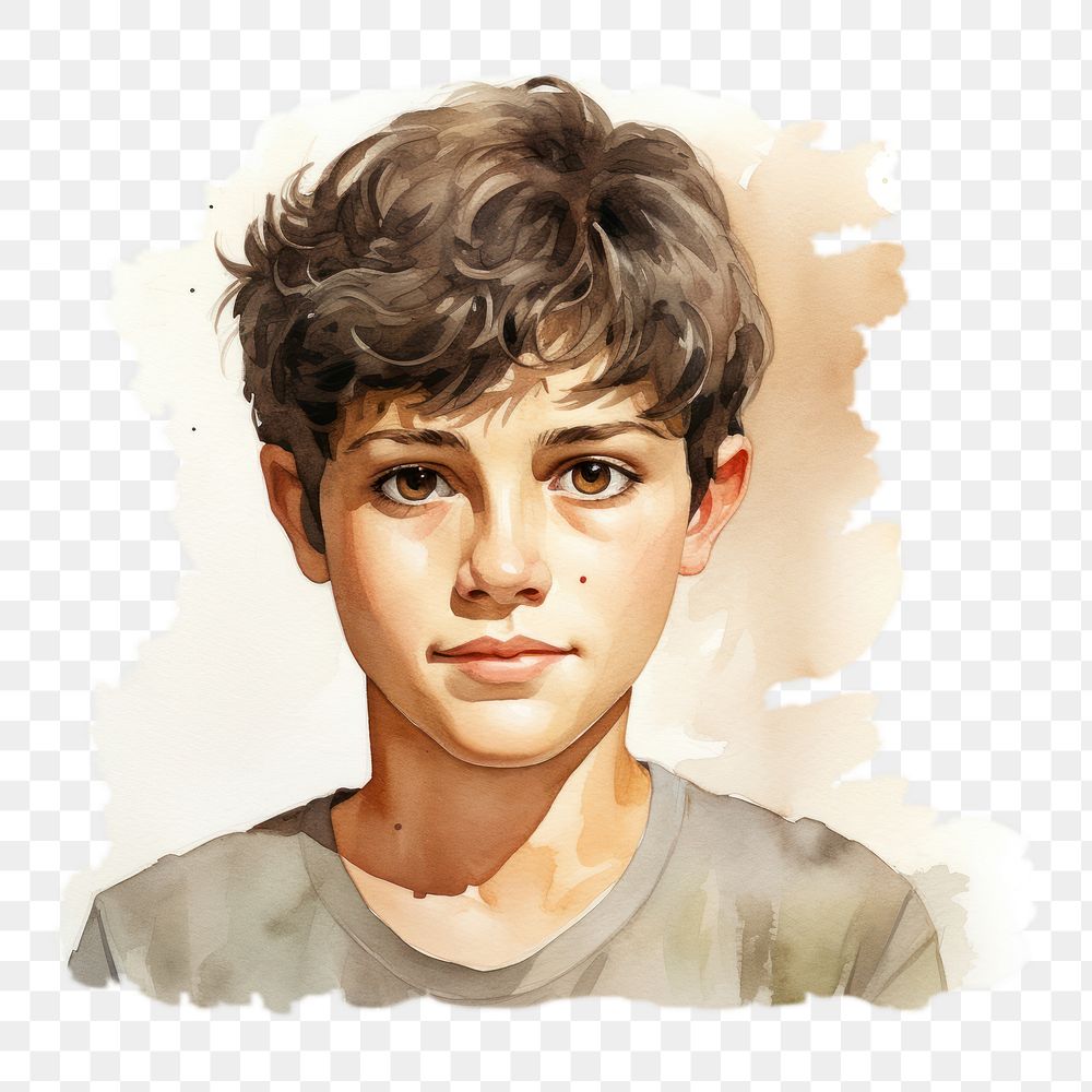 PNG watercolor illustration of boy no background, isolated on a white paper background, isolated --ar 3:2