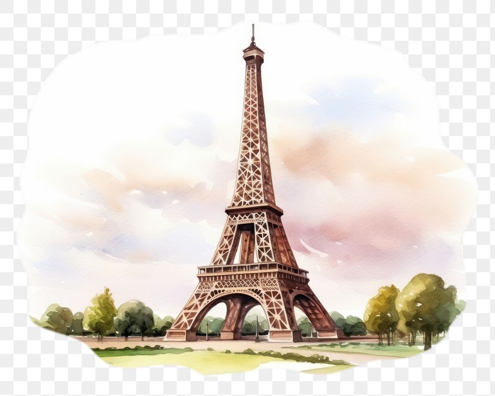 PNG watercolor illustration of Eiffel Tower, isolated on a white paper background, isolated --ar 3:2