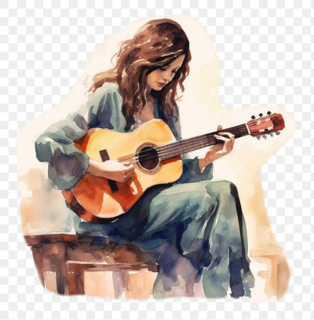 PNG watercolor illustration of woman playing guitar, minimal room isolate illustration on paper --ar 3:2
