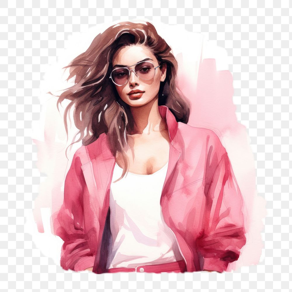 PNG watercolor illustration of young fashion woman in pink clothes, isolated on a white paper background, isolated --ar 3:2