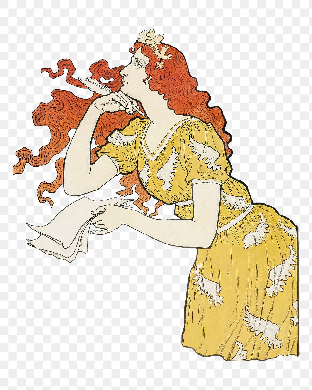 PNG Woman in yellow dress, vintage illustration by Eugene Samuel Grasset, transparent background. Remixed by rawpixel.