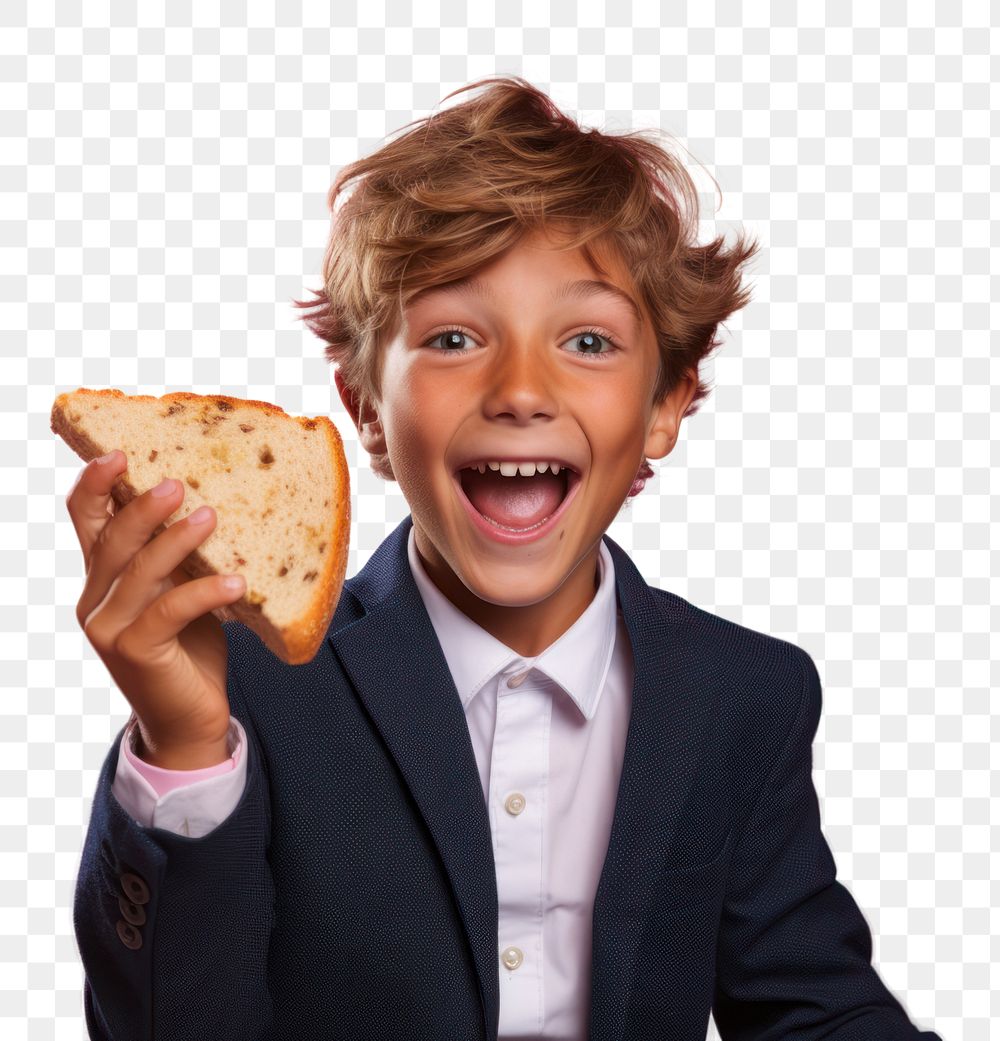 PNG Portrait eating bread happy. AI generated Image by rawpixel.