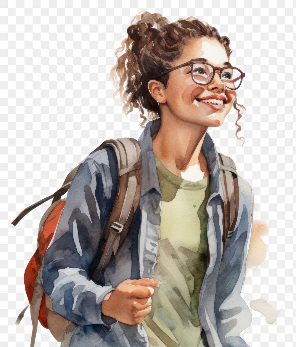 PNG Backpack portrait glasses smile. 