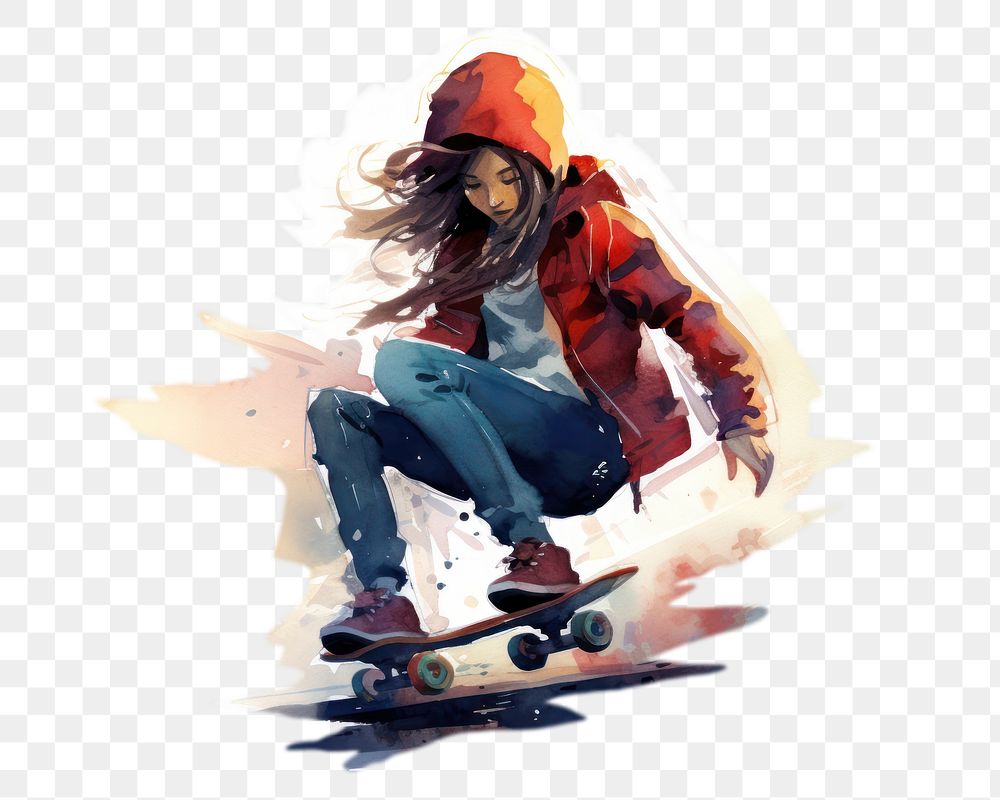 PNG watercolor illustration of woman playing skateboard, urban life isolate illustration on paper --ar 3:2