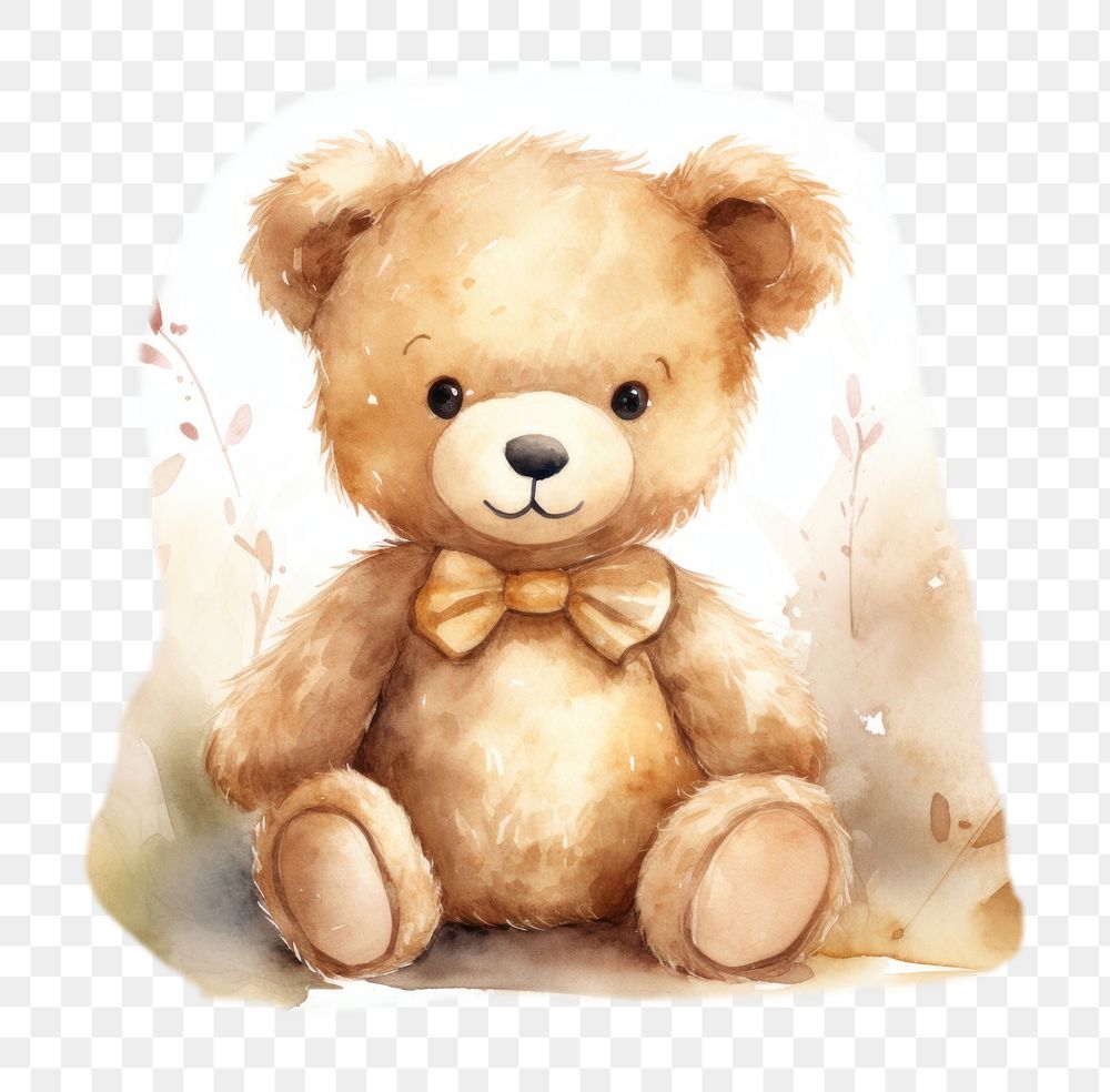 PNG watercolor illustration of a cute teddy bear toy, isolated on solid background --ar 3:2