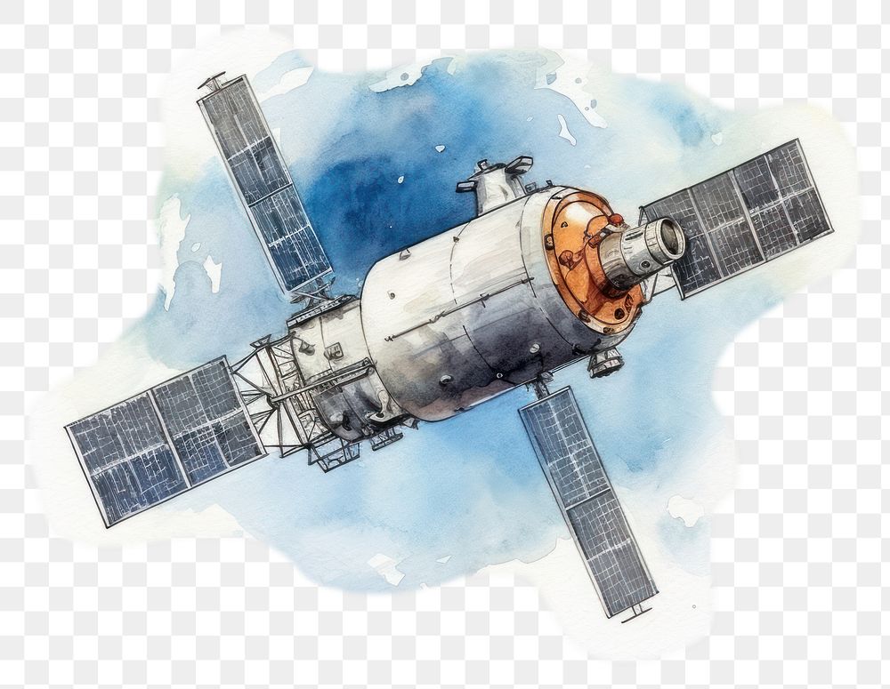 PNG watercolor illustration of a satellite, isolated on a white paper background, isolated --ar 3:2
