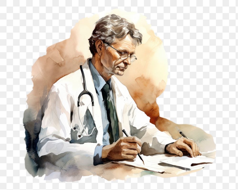 PNG watercolor illustration of doctor consult, isolated on a white paper background, isolated --ar 3:2