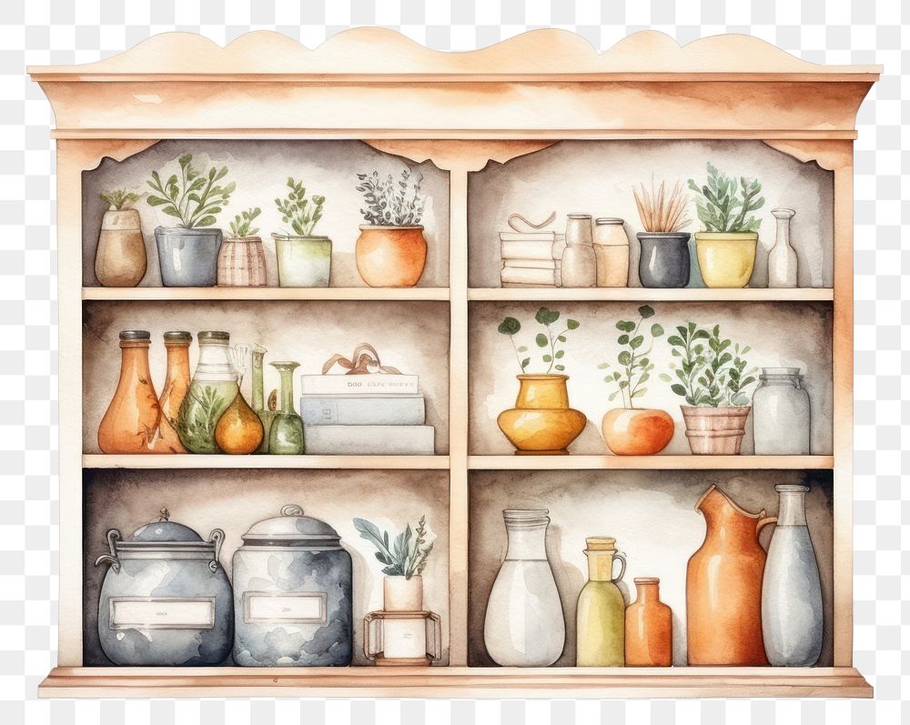 PNG Furniture shelf jar arrangement. AI generated Image by rawpixel.