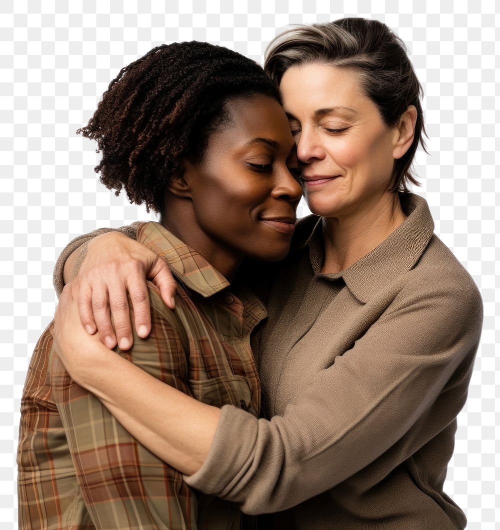 PNG Hugging adult woman white background. AI generated Image by rawpixel.