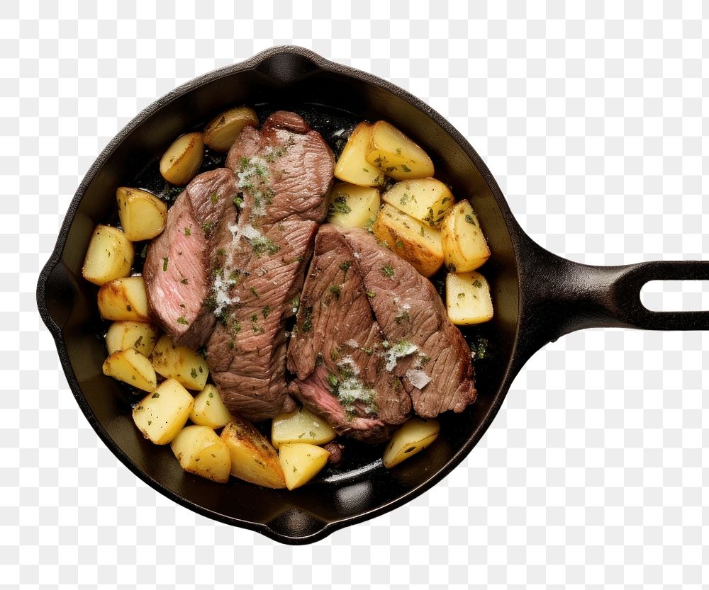 PNG Skillet steak meat food. AI generated Image by rawpixel.