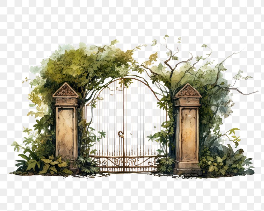 PNG Gate outdoors garden plant, digital paint illustration. AI generated image